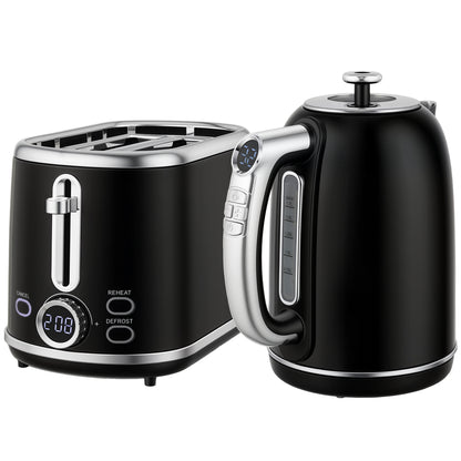 Polished Retro 40-100°C Kettle and Toaster Set - Black