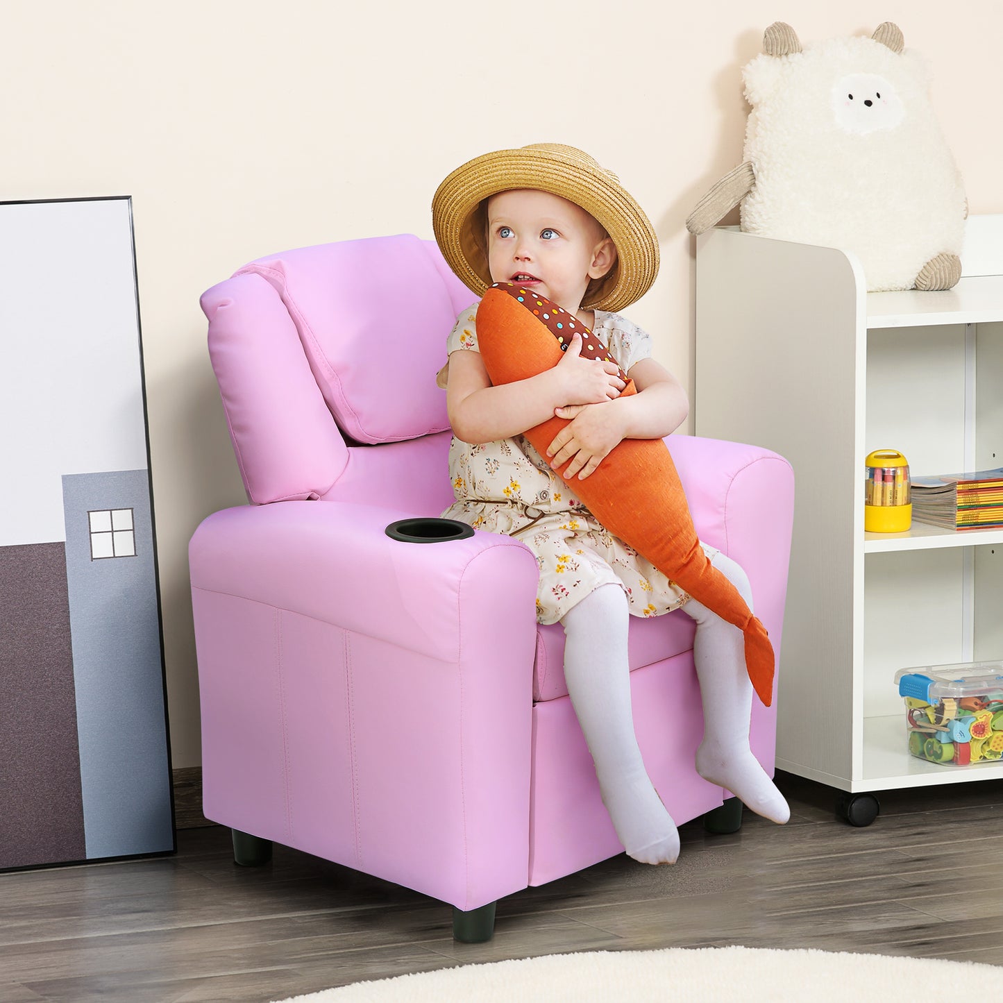 Kids Recliner Chair, PU Leather with Adjustable Backrest, Footrest, Padded Headrest, Pink