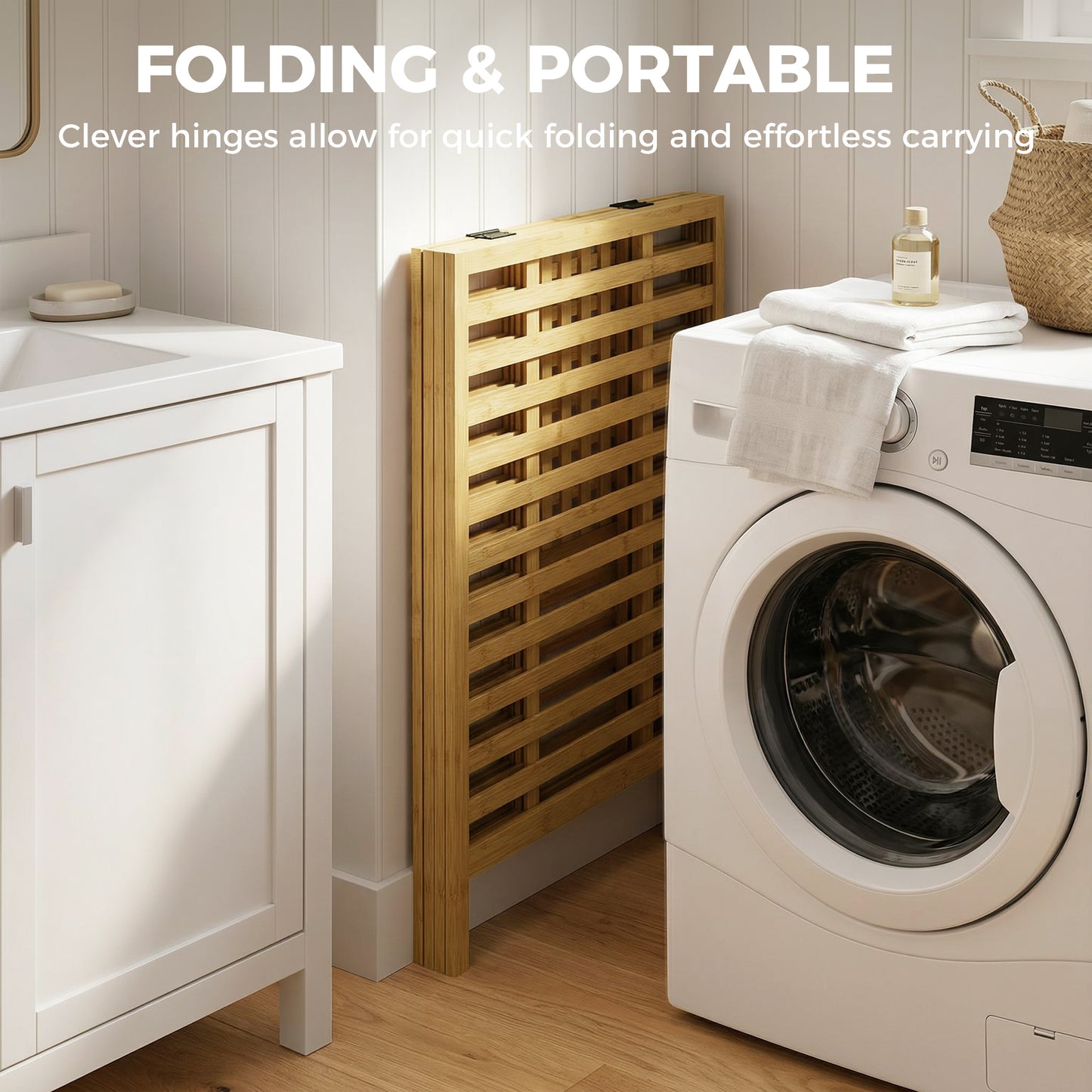 Bamboo Laundry Basket with Lid, 2 Baskets, Foldable, 64L, Natural and Cream White