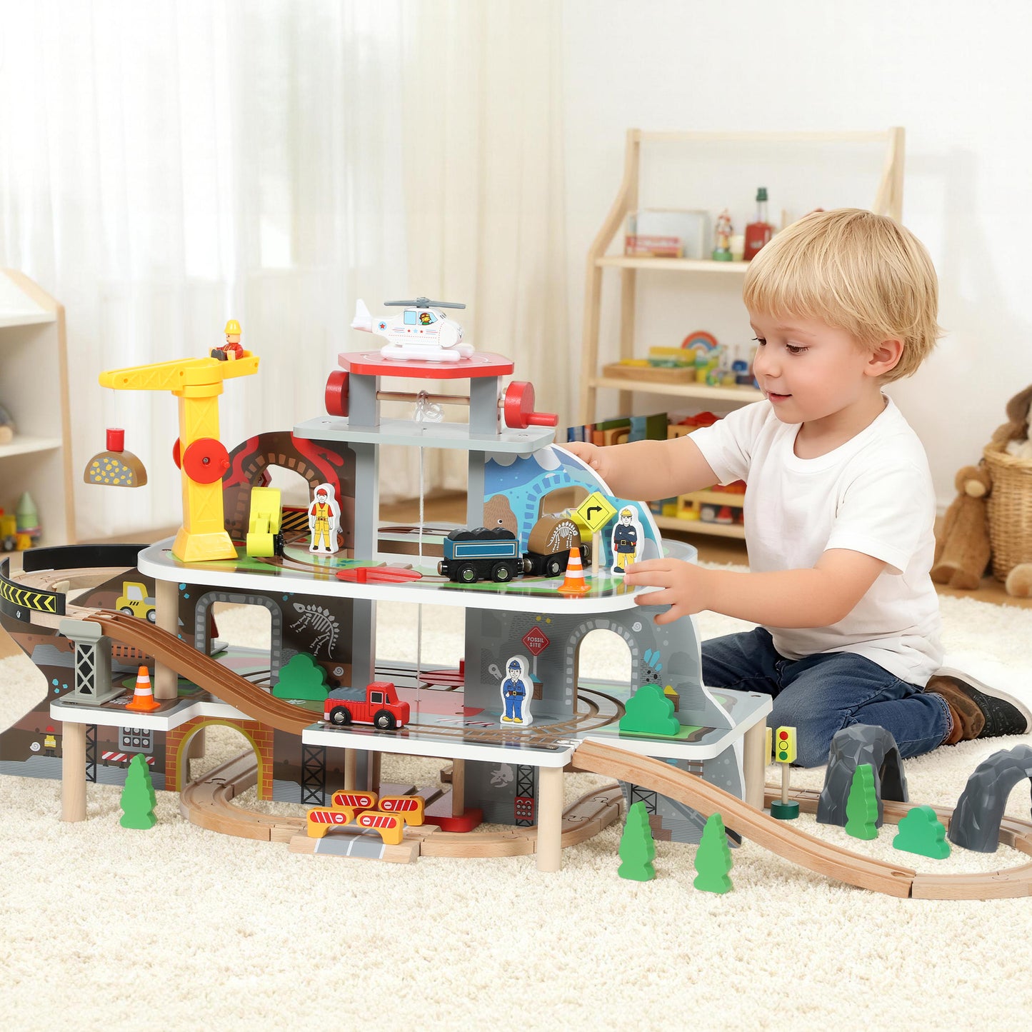 79 Piece Wooden Train Set, Kids Train Track Mine Themed with Crane, Helicopter