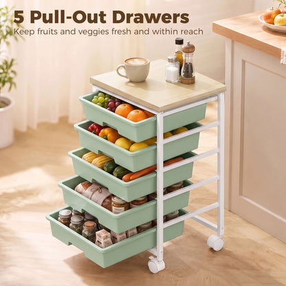 6-Tier Storage Trolley on Wheels, Metal Kitchen Rolling Cart with 5 Pull-Out Drawers, Green