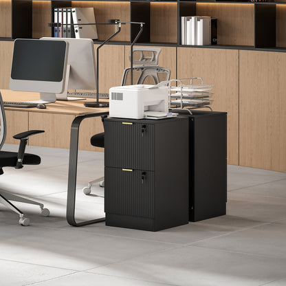 Filing Cabinet, Fluted Vertical File Cabinet with 2 Lockable Drawers and Hanging Rails, Black