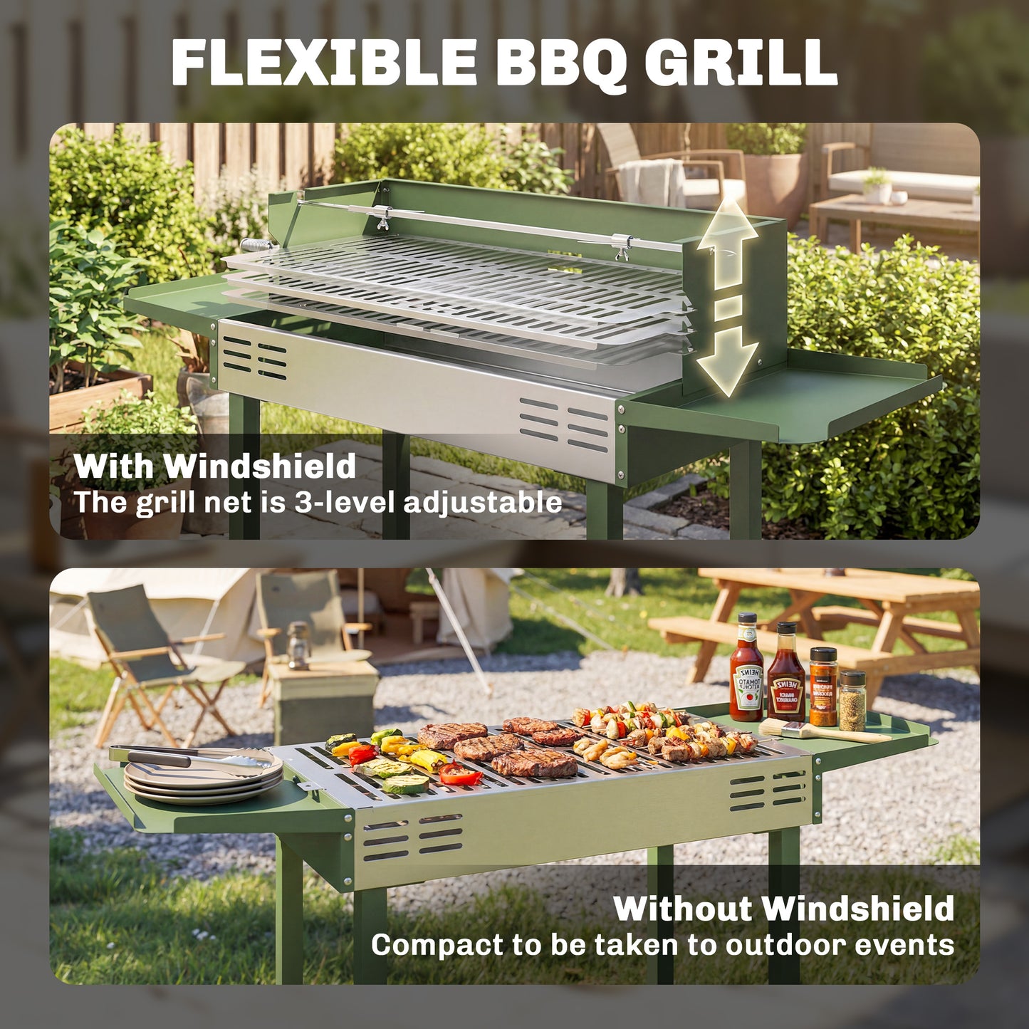BBQ Rotisserie Grill Roaster Charcoal Spit Roasting Machine for Chicken Turkey with 3-Level Grill Grate, Side Shelves
