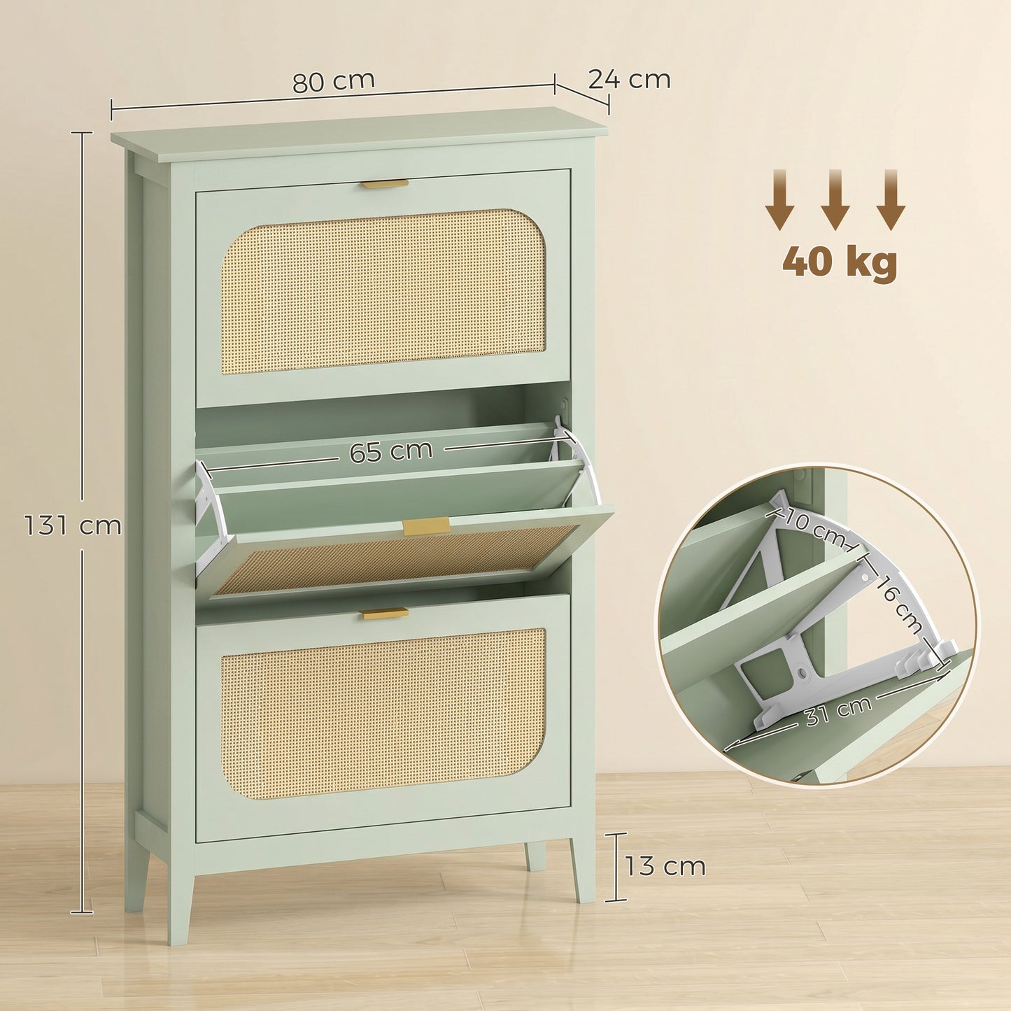 Narrow Shoe Cabinet, Boho Slim Shoe Storage Cabinet with 3 Flip Drawers, Holds 21 Pairs, Light Green