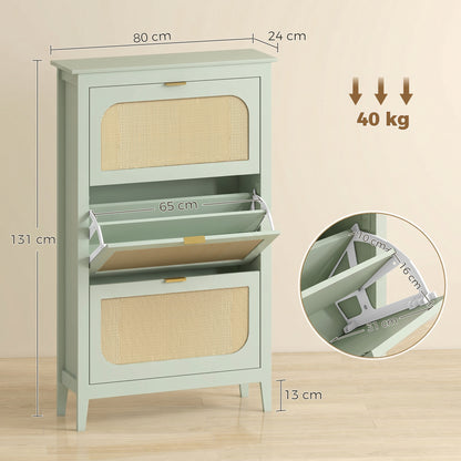 Narrow Shoe Cabinet, Boho Slim Shoe Storage Cabinet with 3 Flip Drawers, Holds 21 Pairs, Light Green
