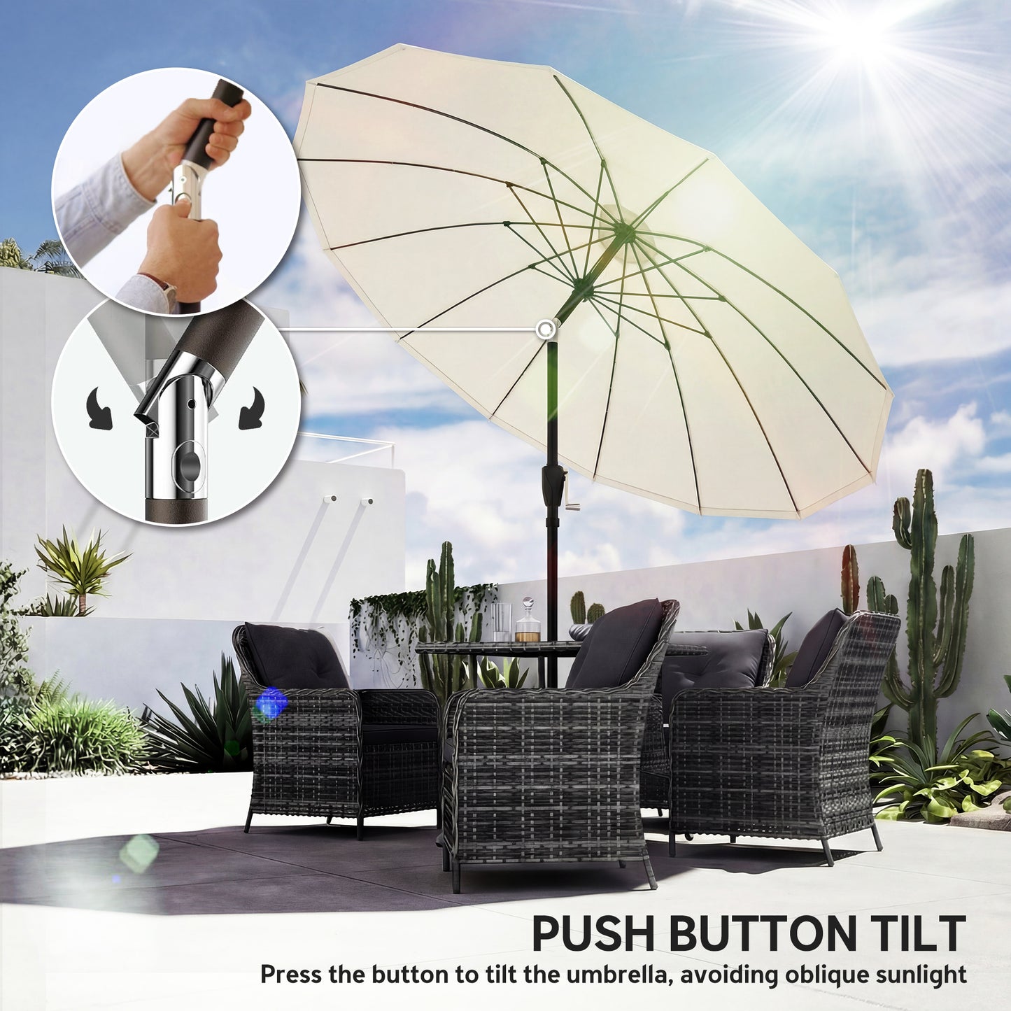 2 m Shanghai Garden Parasol Umbrella with 16 Fibreglass Ribs, Outdoor Parasol Sun Shade with Crank & Tilt, Cream White