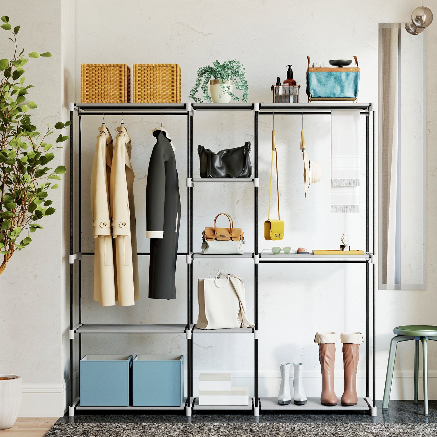 Portable Wardrobe, Open Clothes Wardrobe with 8 Shelves, 3 Hanging Rails, Light Grey