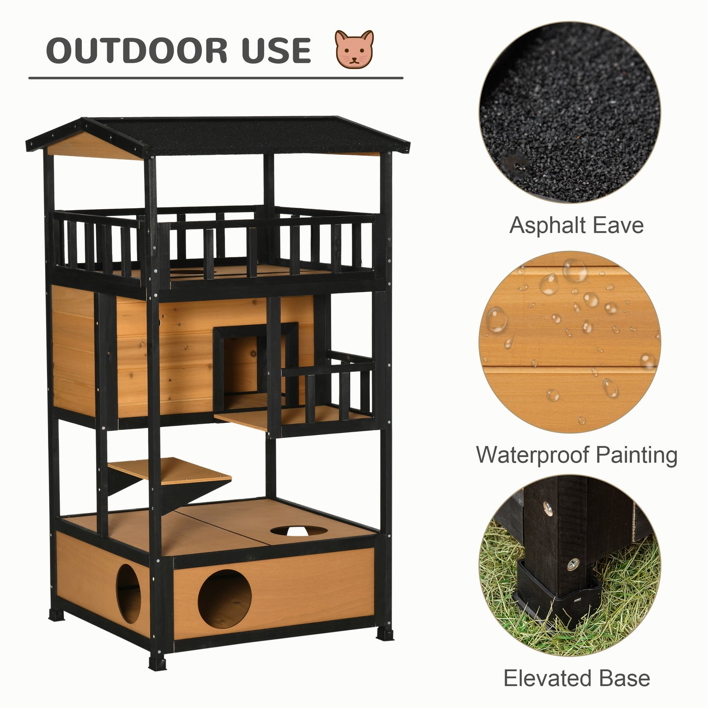 Wooden Outdoor Cat House, 3-Tier Cat Shelter with Tilted Roof, Terrace, Jump Step, Bottom Tray and Elevated Base