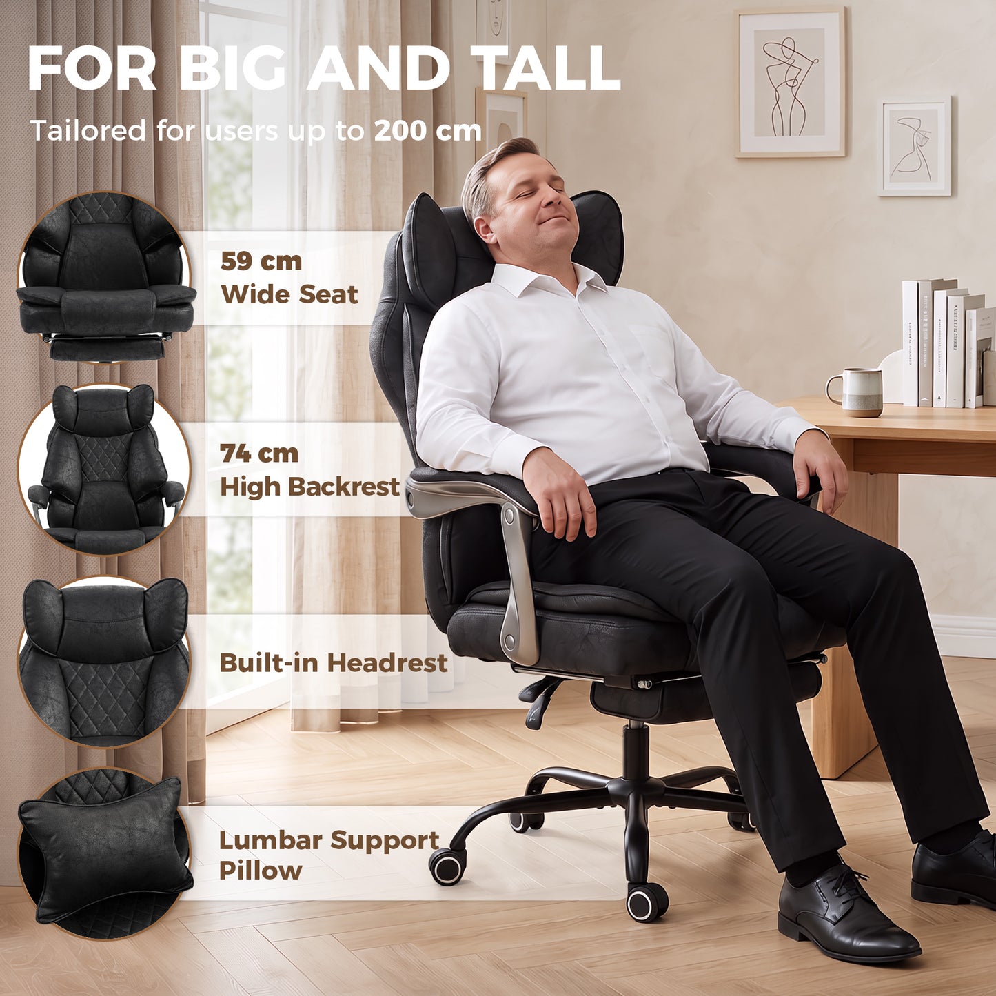 Executive Office Chair, Leathaire Big and Tall Office Chair 180 kg with Wide Seat, Reclining, Lumbar Support, Black
