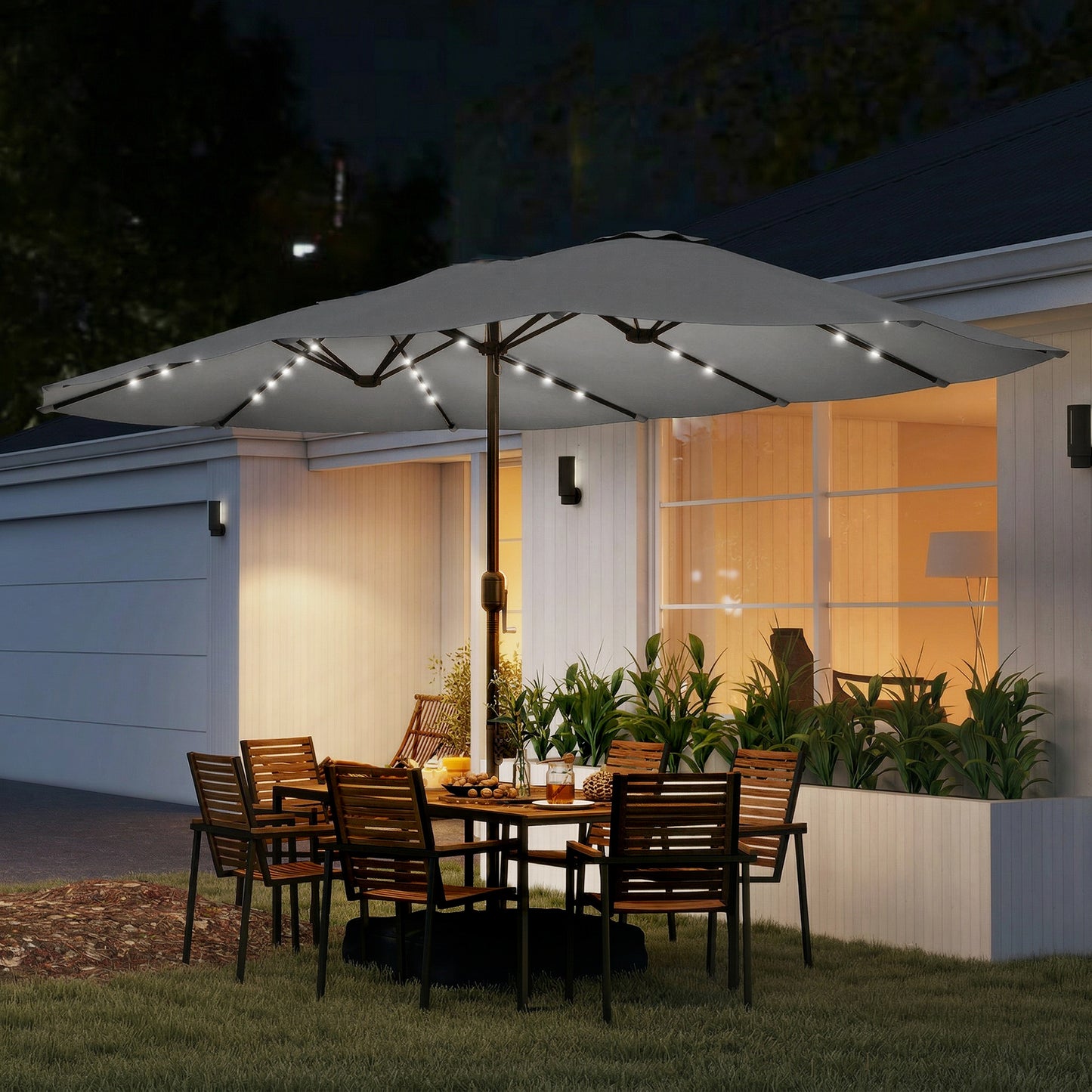 Patio Umbrella Double-Sided Outdoor Umbrella with Solar Lights Base, Grey