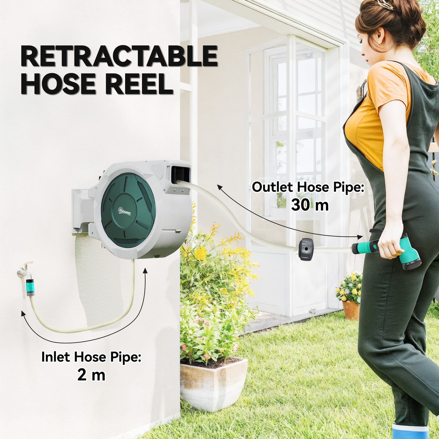 Retractable Hose Reel Wall Mounted, 30+2m Garden Hose Pipe Reel with Lock, Auto Rewind, 7 in 1 Spray Nozzle