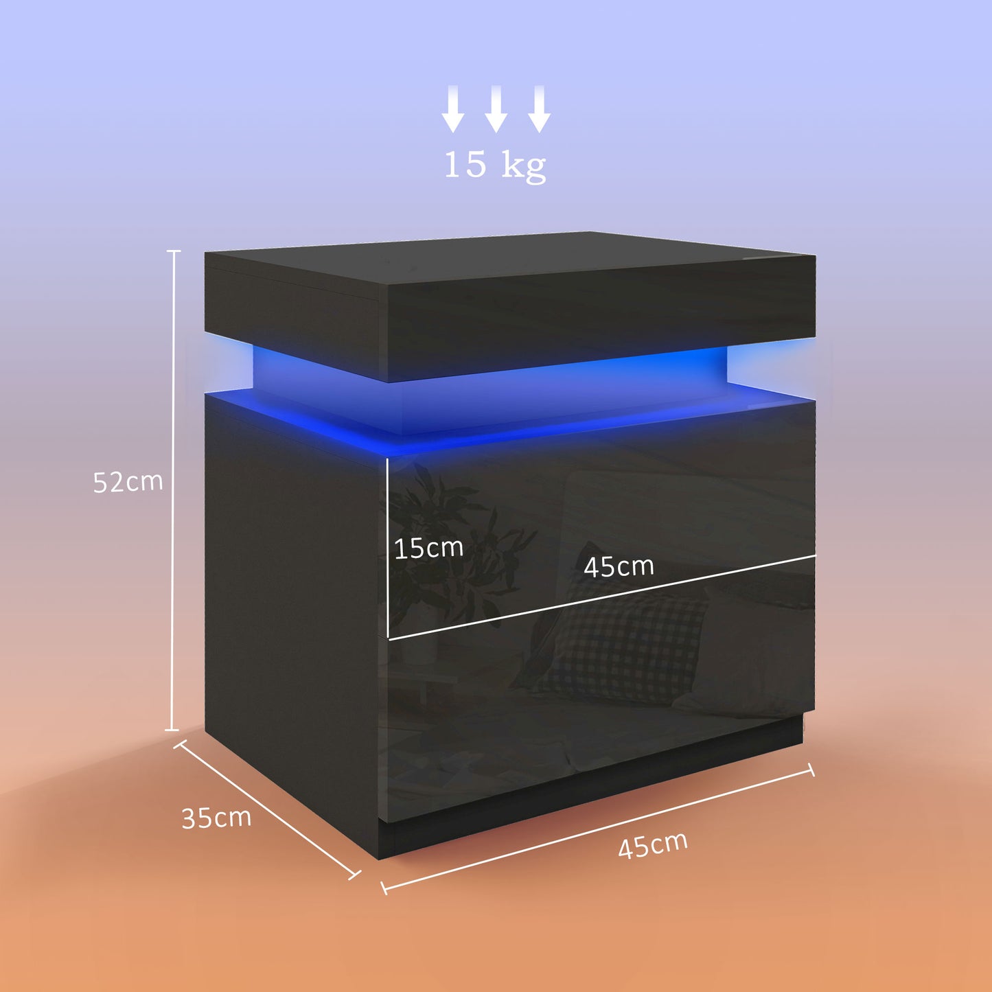 Black Bedside Table with LED Light, High Gloss Front Nightstand with 2 Drawers, for Living Room, Bedroom