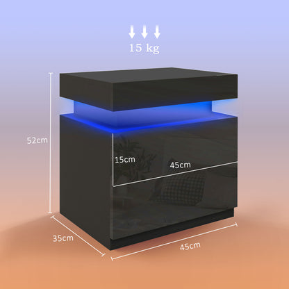 Black Bedside Table with LED Light, High Gloss Front Nightstand with 2 Drawers, for Living Room, Bedroom
