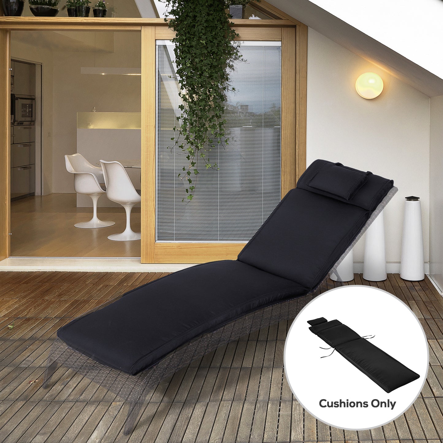 Garden Sun Lounger Cushion Replacement Soft Sunbed Reclining Chair Relaxer Pad with Pillow, Cushion ONLY - Black