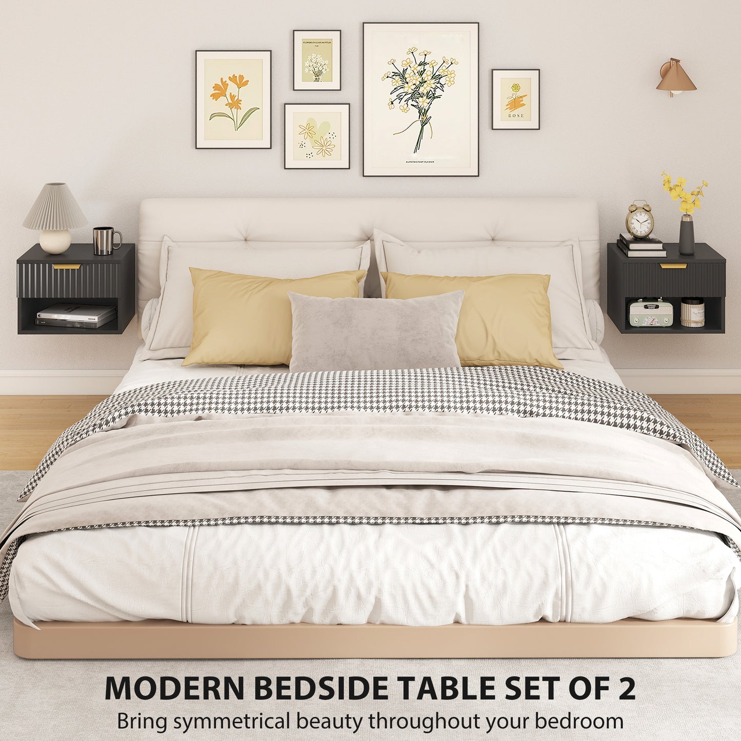 Floating Nightstands Set of 2, Modern Wall Mounted Bedside Tables, Black