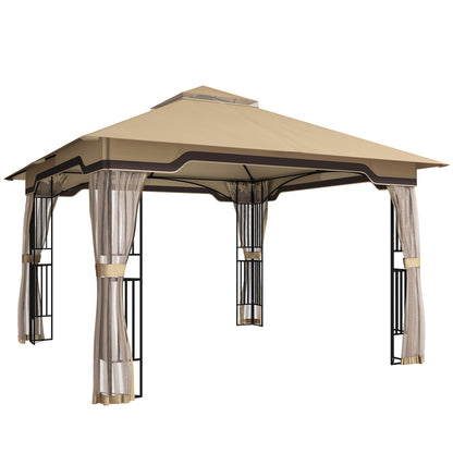 3.3 x 3.3 m Outdoor Garden Gazebo with Post Shelves, UPF50+ Patio Permanent Pavilion with Hook, Khaki
