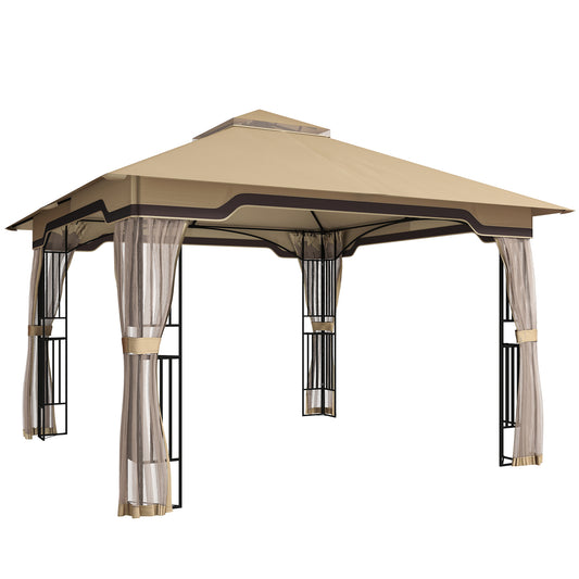 3.3 x 3.3 m Outdoor Garden Gazebo with Post Shelves, UPF50+ Patio Permanent Pavilion with Hook, Khaki