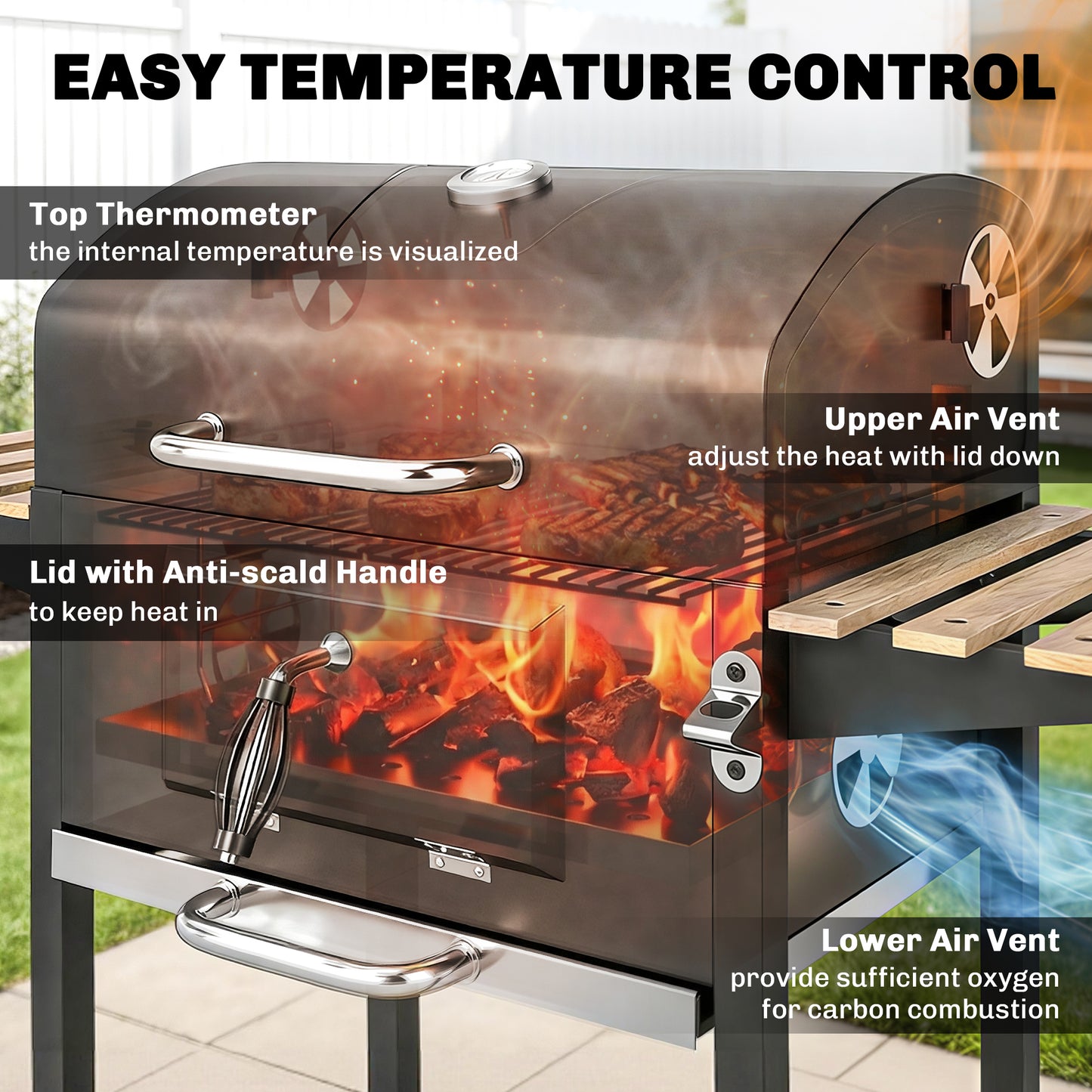 Charcoal BBQ Grill with Adjustable Charcoal Pan, Barbecue Smoker with Warming Rack, Black