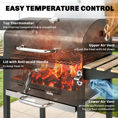Charcoal BBQ Grill with Adjustable Charcoal Pan, Barbecue Smoker with Warming Rack, Black