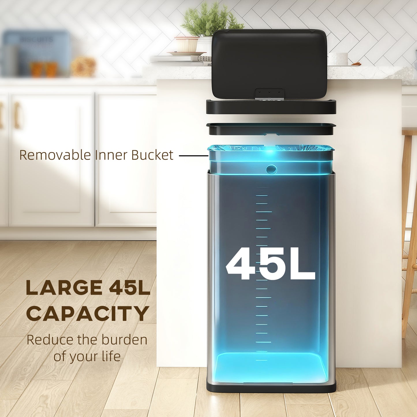 45L Stainless Steel Sensor Bin - Silver Tone