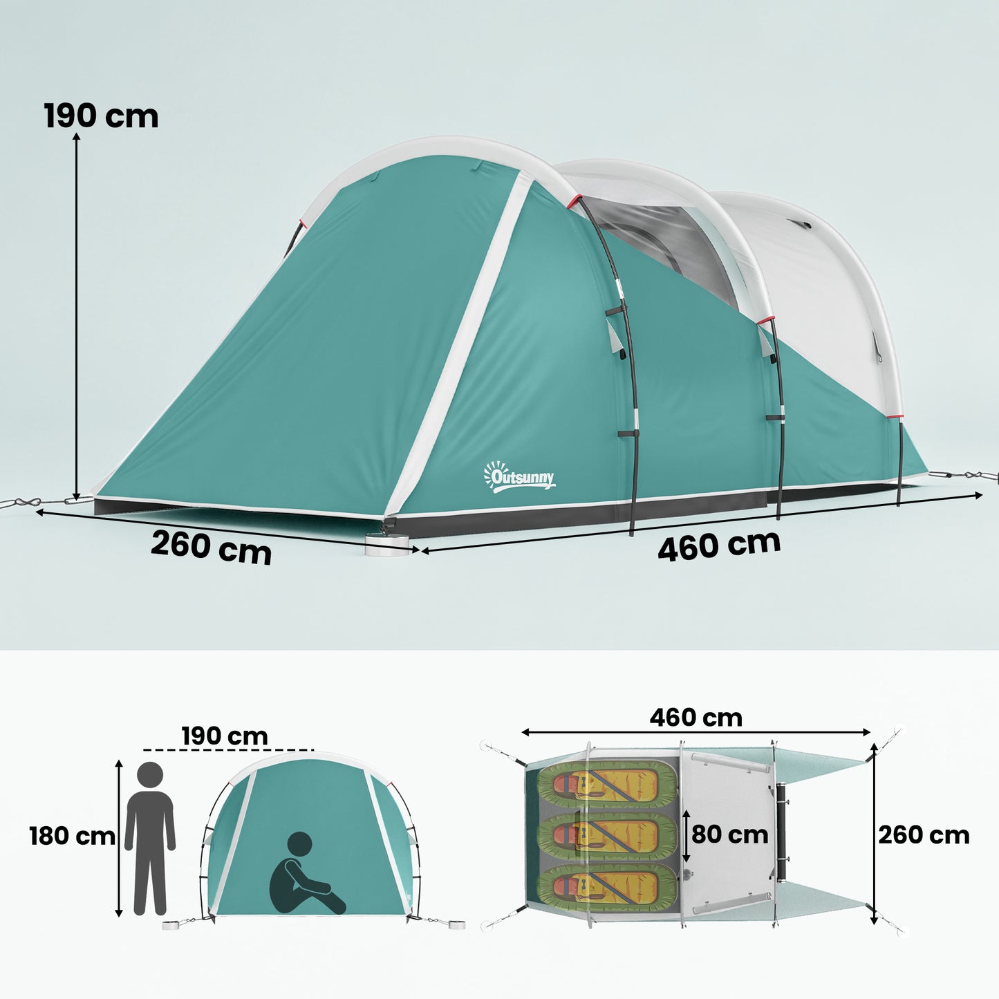 Three-Man, 3000mm Water-Resistant Two-Room Tunnel Tent - Green