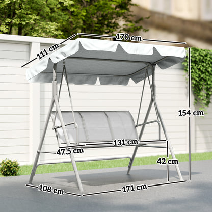 Metal Garden Swing Chair, 3-Seater Swing Seat, Patio Hammock Bench Canopy Lounger, Light Grey
