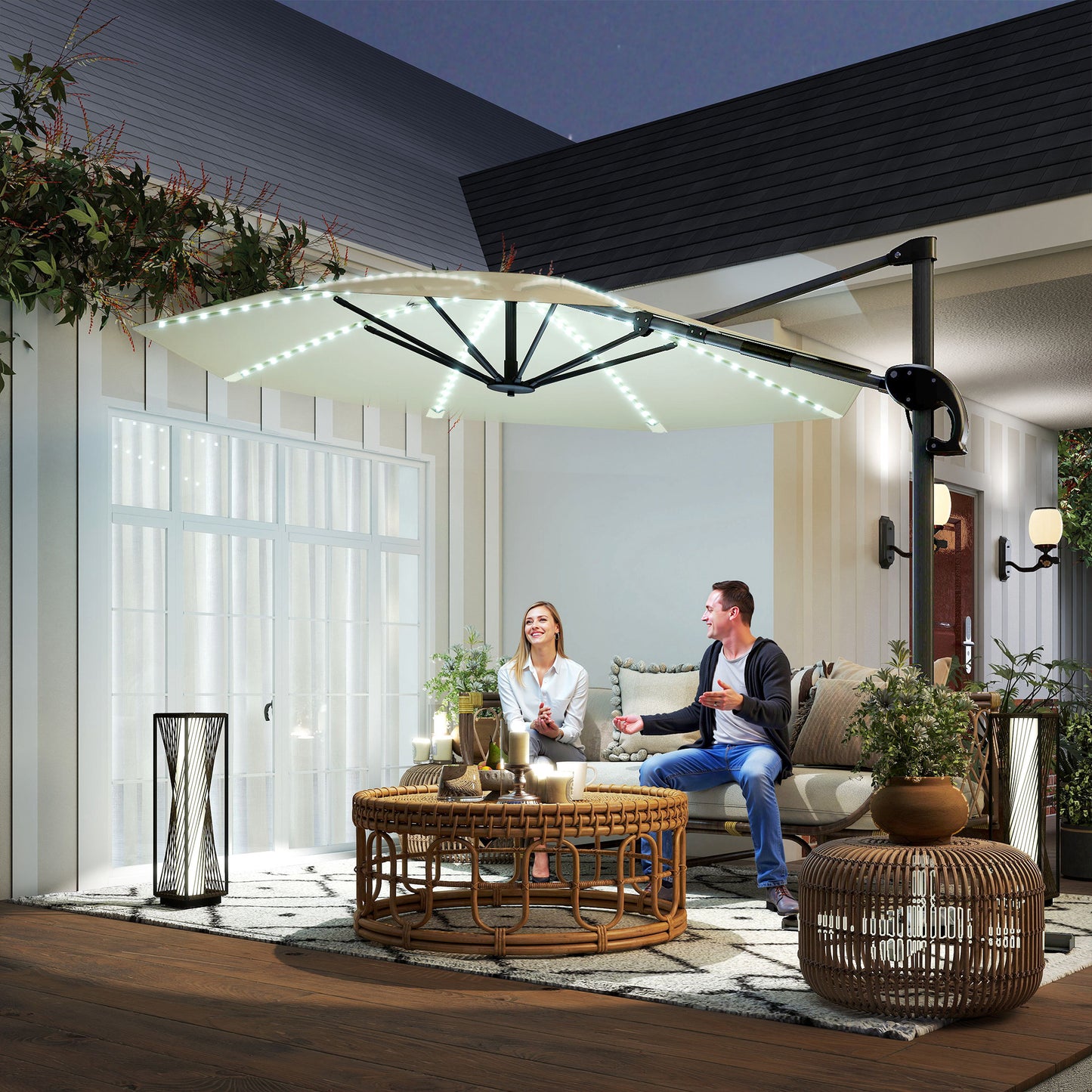 3(m) Cantilever Garden Parasol with Solar Powered Lights, Crank Handle & Cross Base, UPF 50+, 360° Rotation, Cream