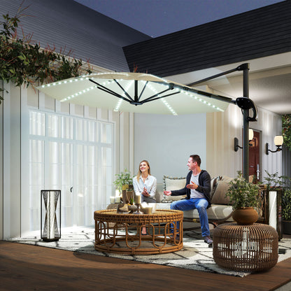 3(m) Cantilever Garden Parasol with Solar Powered Lights, Crank Handle & Cross Base, UPF 50+, 360° Rotation, Cream