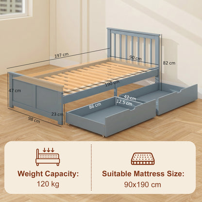 Pine Storage Bed, 3ft Single Solid Wooden Bed Frame with Drawers, Headboard, Wood Slat Support, Grey