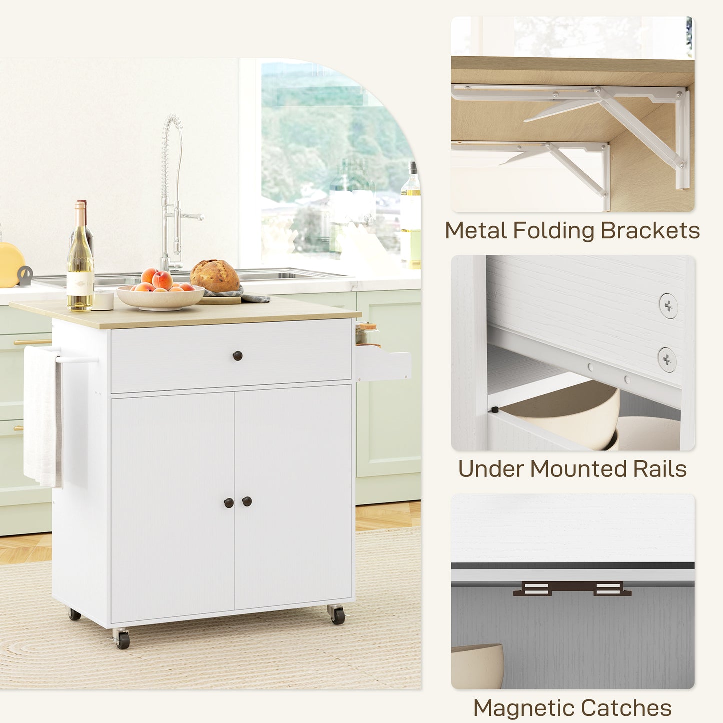 Rolling Kitchen Island with Drop Leaf, Kitchen Storage Cart with Drawer, Spice Rack and Towel Rack, White