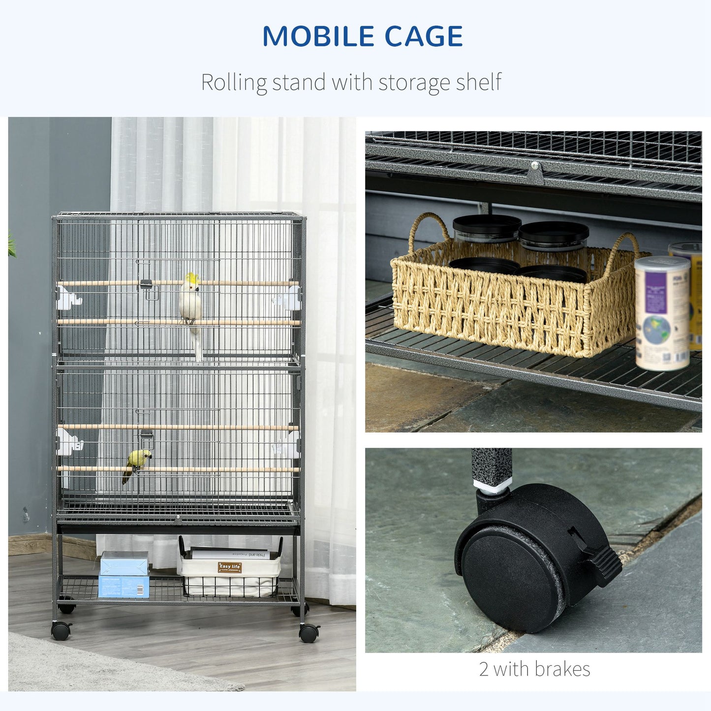 Large Bird Cage Budgie Cage for Finch Canaries Parakeet with Rolling Stand, Slide-out Tray, Storage Shelf, Food Containers