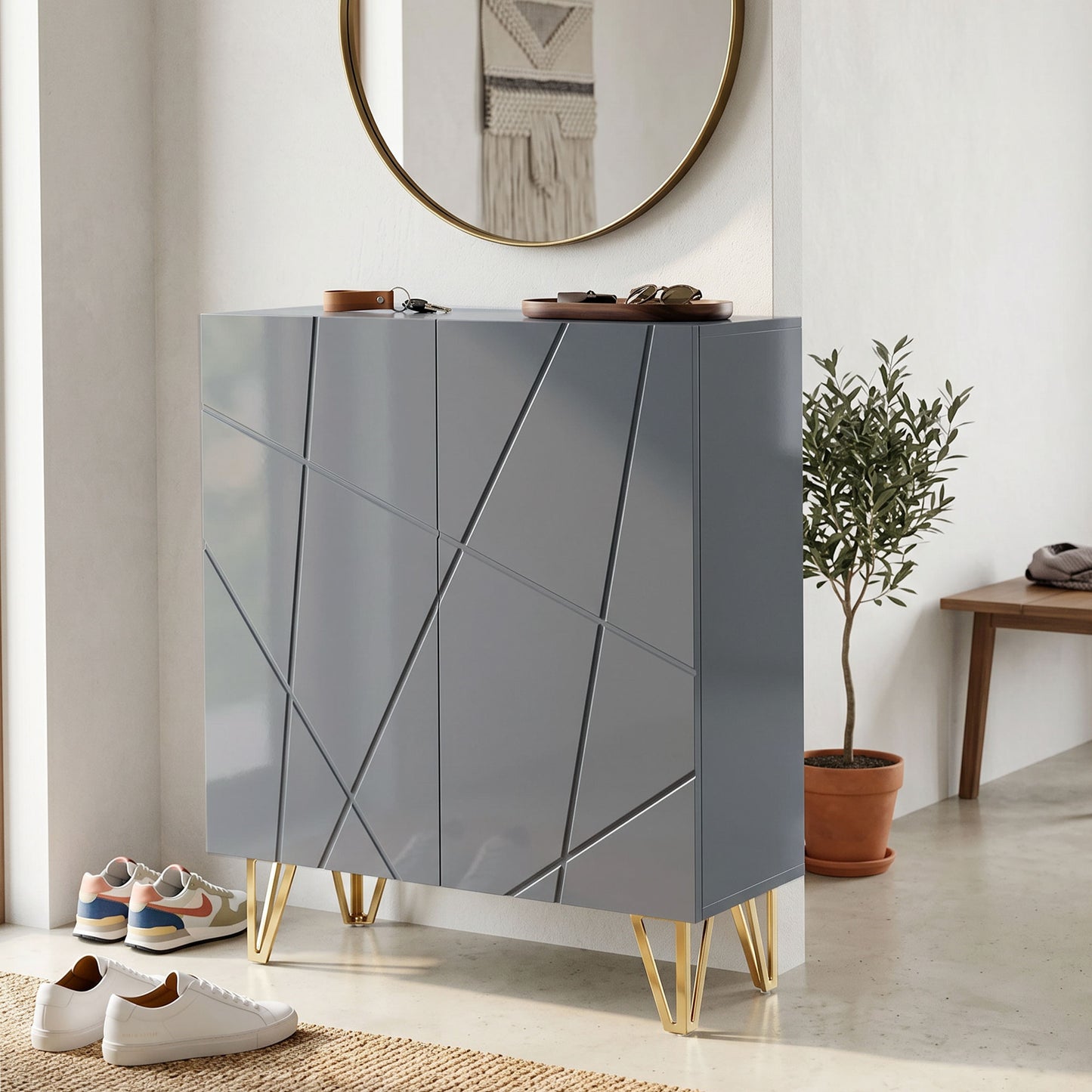 Narrow Shoe Storage Cabinet with Soft-Close Hinges and Adjustable Shelves for 15-20 Pairs of Shoes, Grey