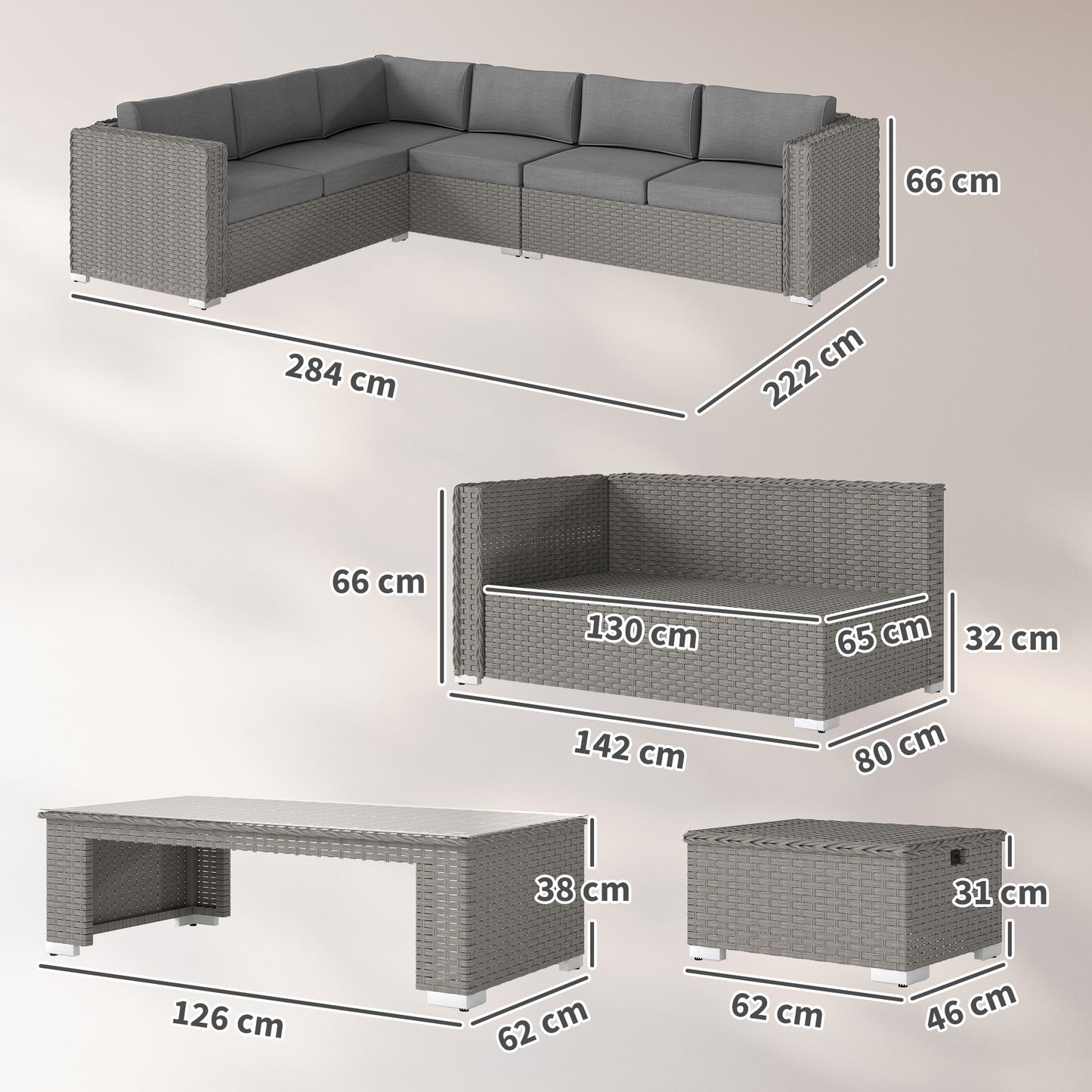 6 Pieces Outdoor PE Rattan Wicker Corner Sofa Set with 10cm Thick Padded Cushions