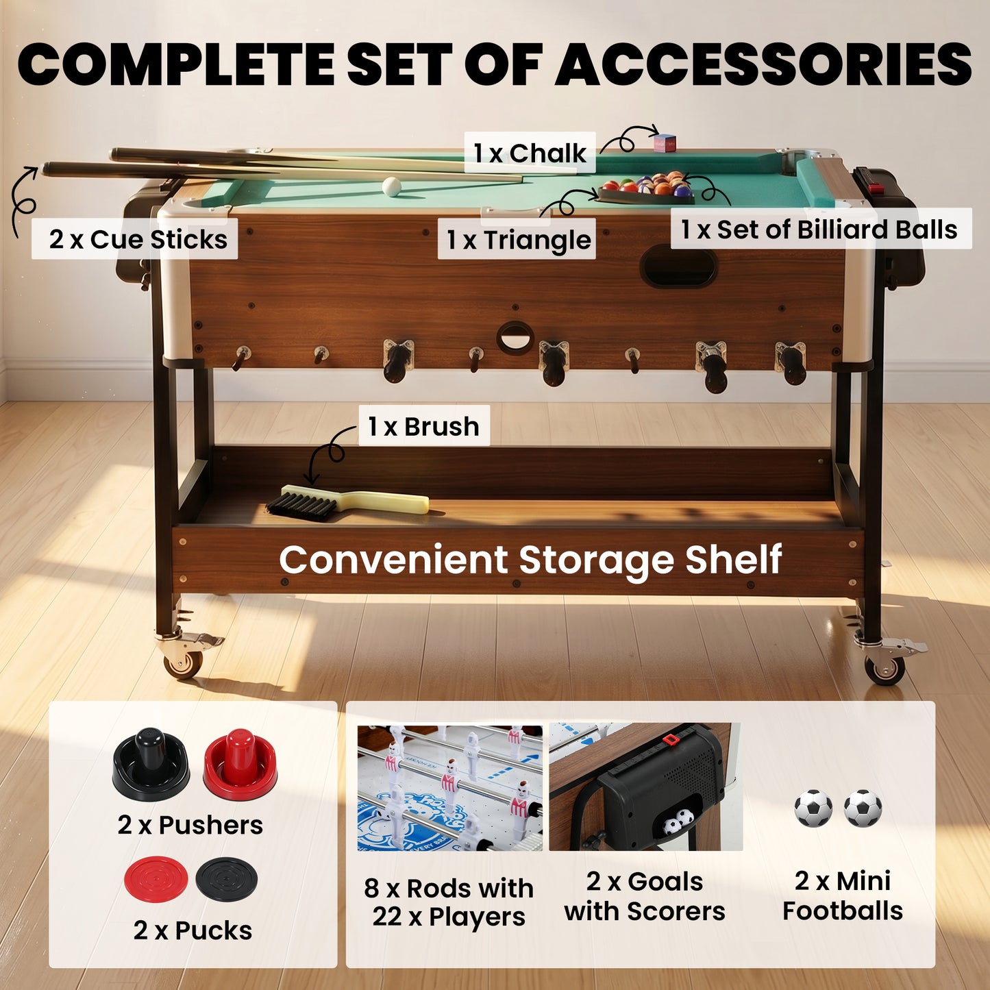 3 in 1 Multi Game Table, 3.4ft Reversible Air Hockey Pool Football Games Table with Lockable Wheels, Storage Shelf