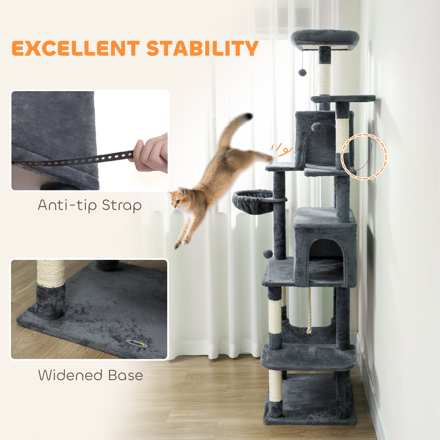 202cm Large Cat Tree with 6 Scratching Posts, 2 Hammocks, 2 Condos, 2 Perches, Pompoms, for Indoor Cats to Rest and Play