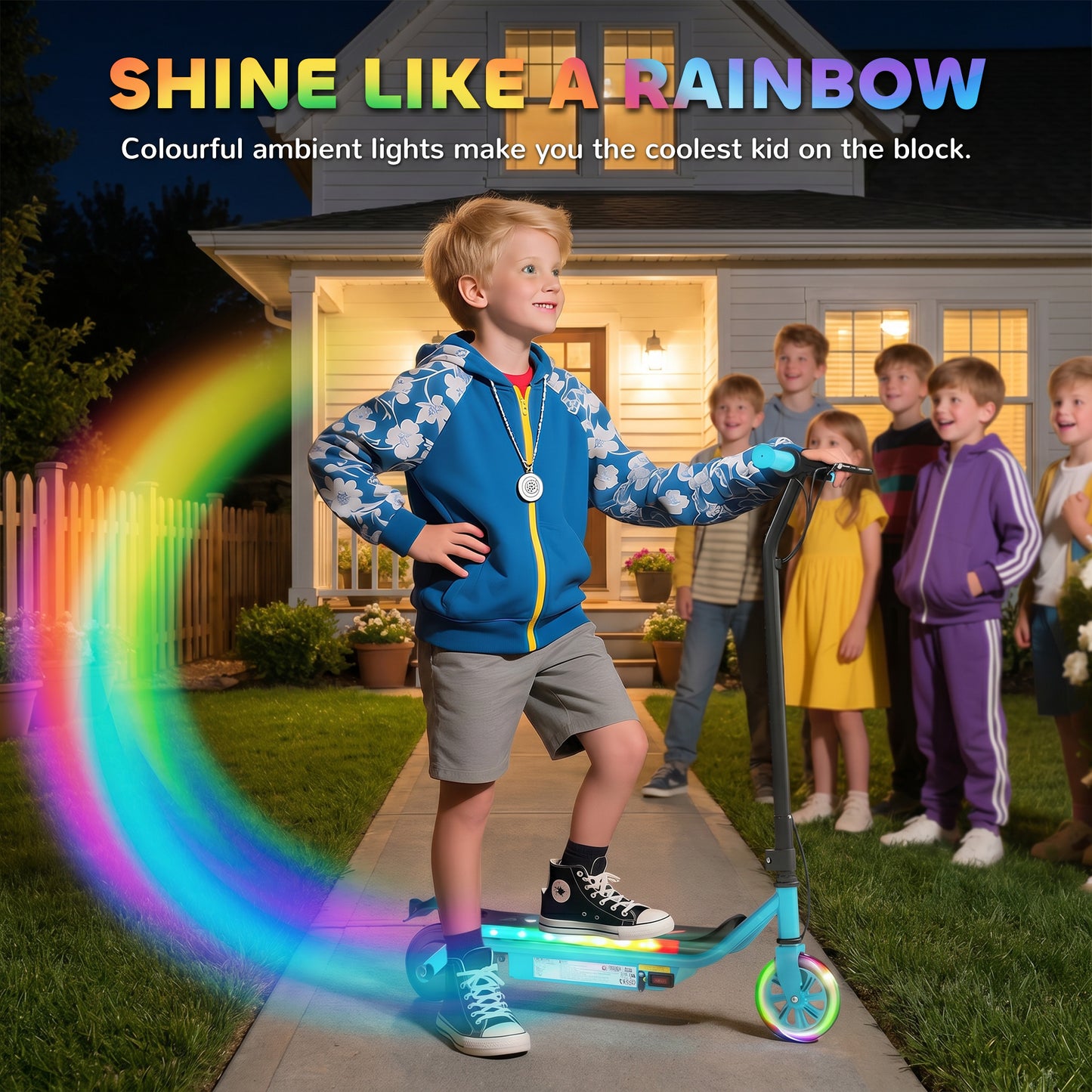 Electric Scooter for Kids Aged 6-14 Years, with Colourful Lights, Blue