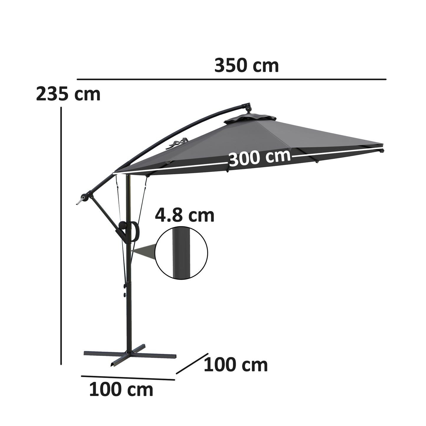 3(m) Garden Cantilever Parasol with Cover and Wind Protection Strap, Round Overhanging Umbrella with Crank Handle and Tilt