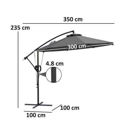 3(m) Garden Cantilever Parasol with Cover and Wind Protection Strap, Round Overhanging Umbrella with Crank Handle and Tilt
