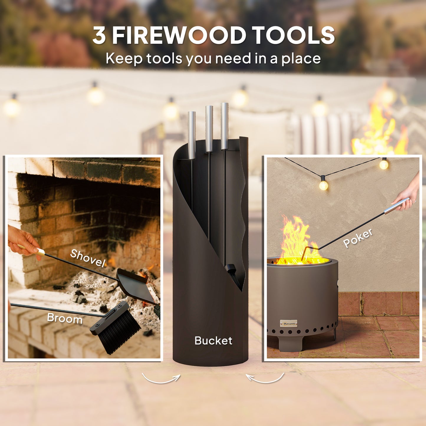 4 Pieces Fireplace Tools Set, Metal Fireplace Accessories Fireside Companion Set with Broom, Shovel, Poker and Bucket, Black
