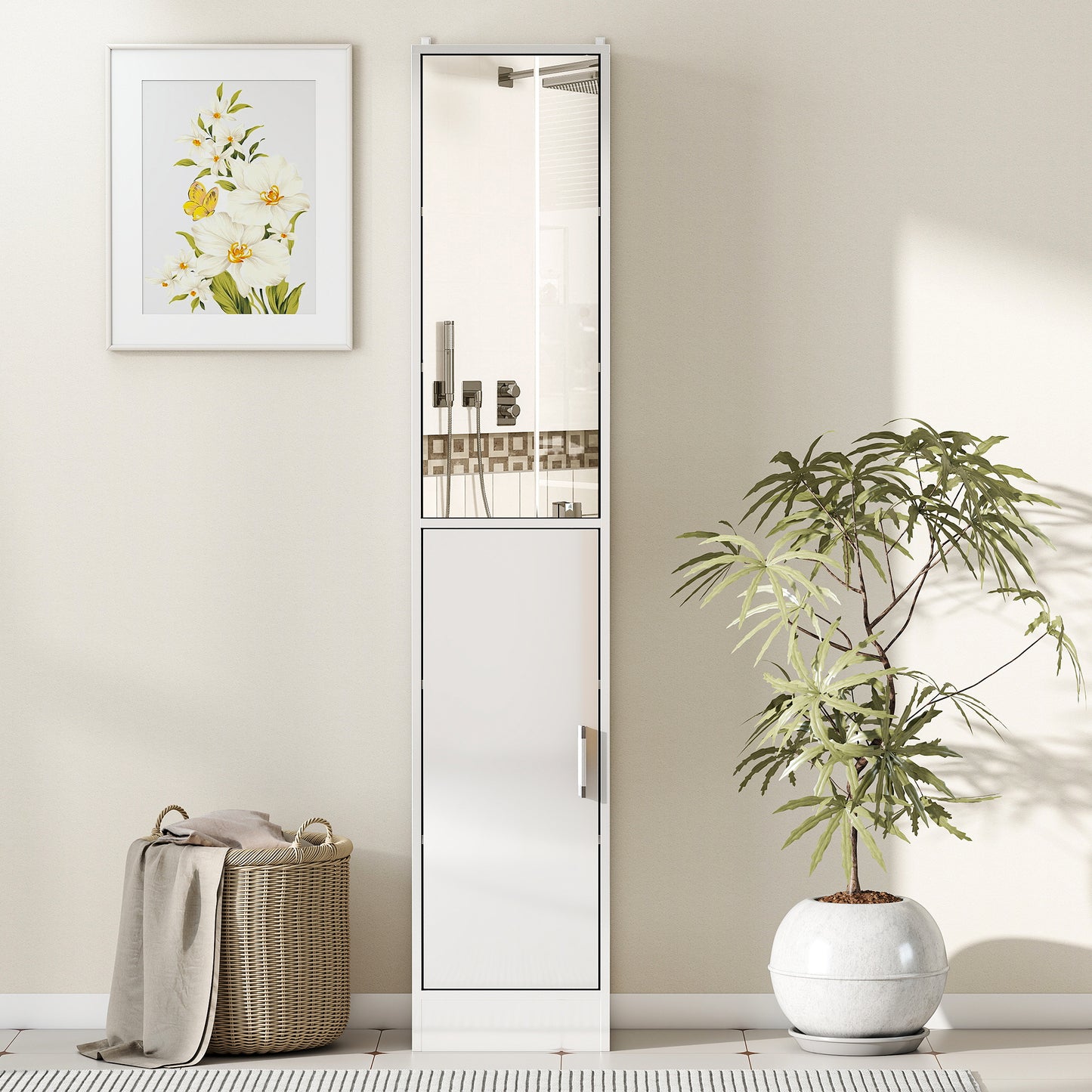 Tall Bathroom Cabinet with Mirror and Adjustable Shelf - High Gloss White