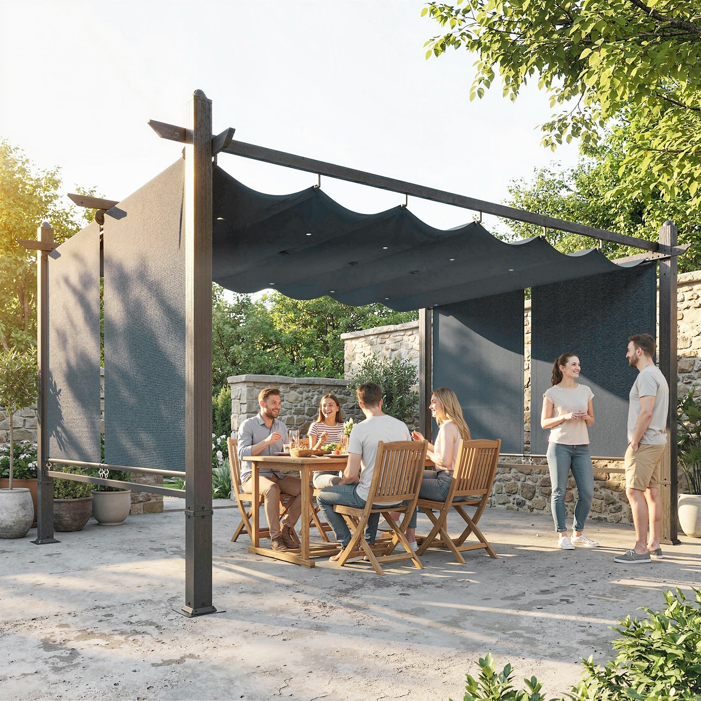 4 x 3 m Garden Pergola with Retractable Roof Canopy and Roll-Up Sides, Outdoor Gazebo Pergola Kit, Dark Grey
