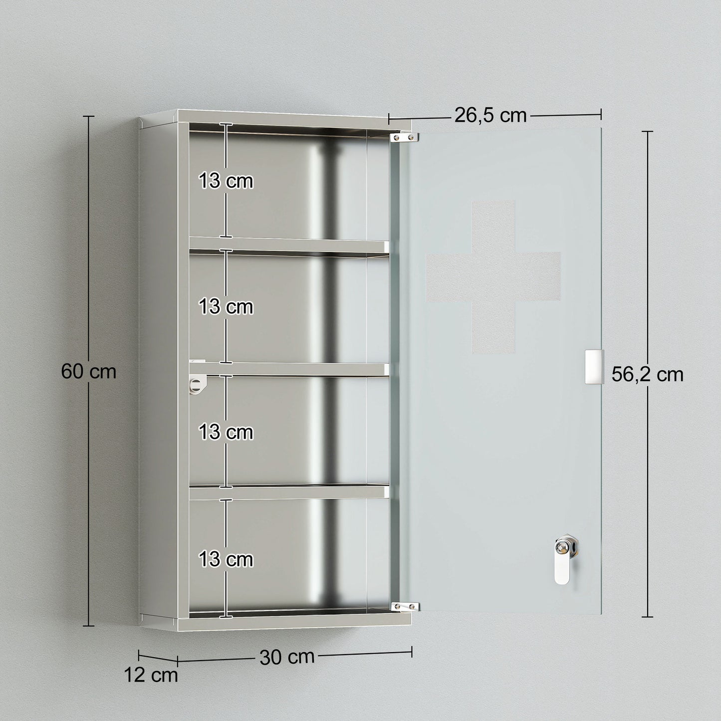 4 Tier Stainless Steel Wall Mounted Medicine Cabinet Glass Lockable Door Storage Shelves Houseware Bathroom Furniture 60Hx30W