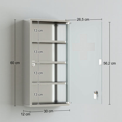 4 Tier Stainless Steel Wall Mounted Medicine Cabinet Glass Lockable Door Storage Shelves Houseware Bathroom Furniture 60Hx30W
