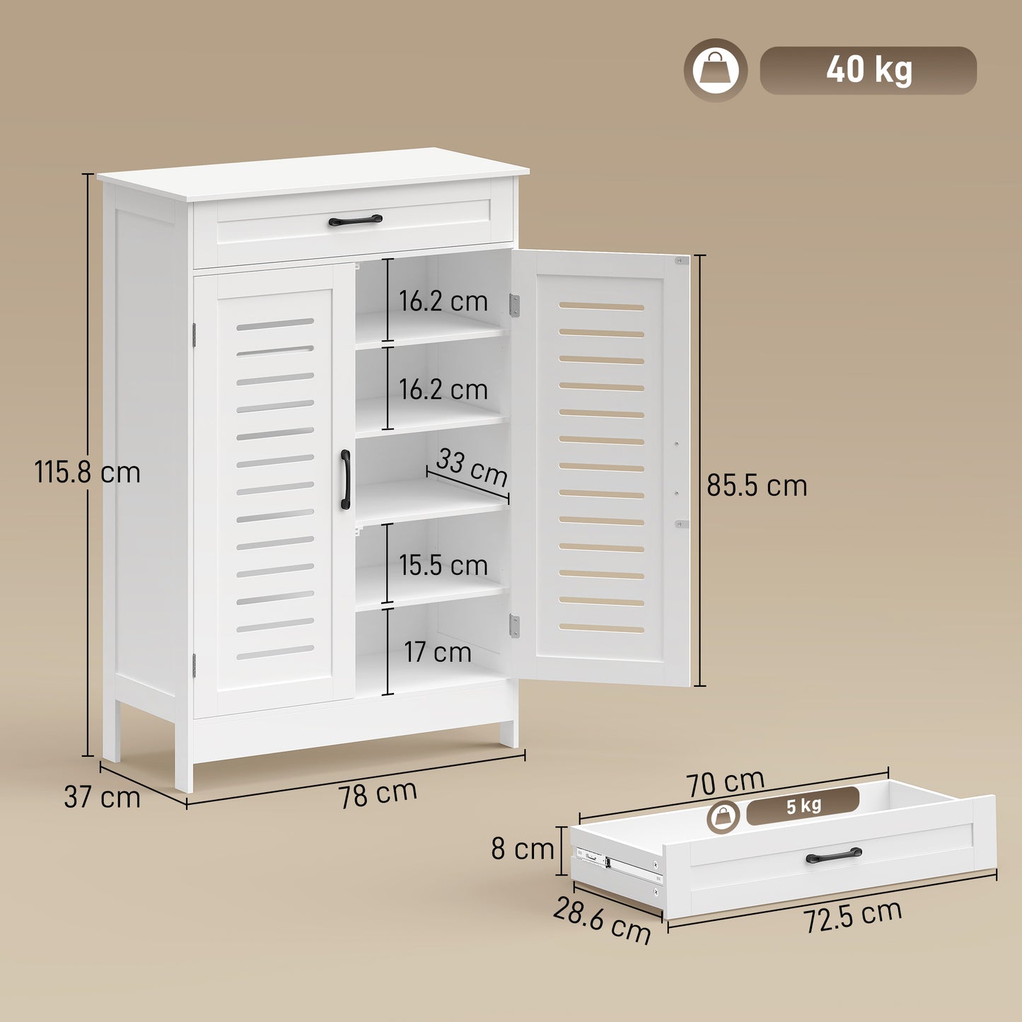 Shoe Cabinet with Louvered Doors, Modern Shoe Storage Cabinet with Drawer and Adjustable Shelves, White