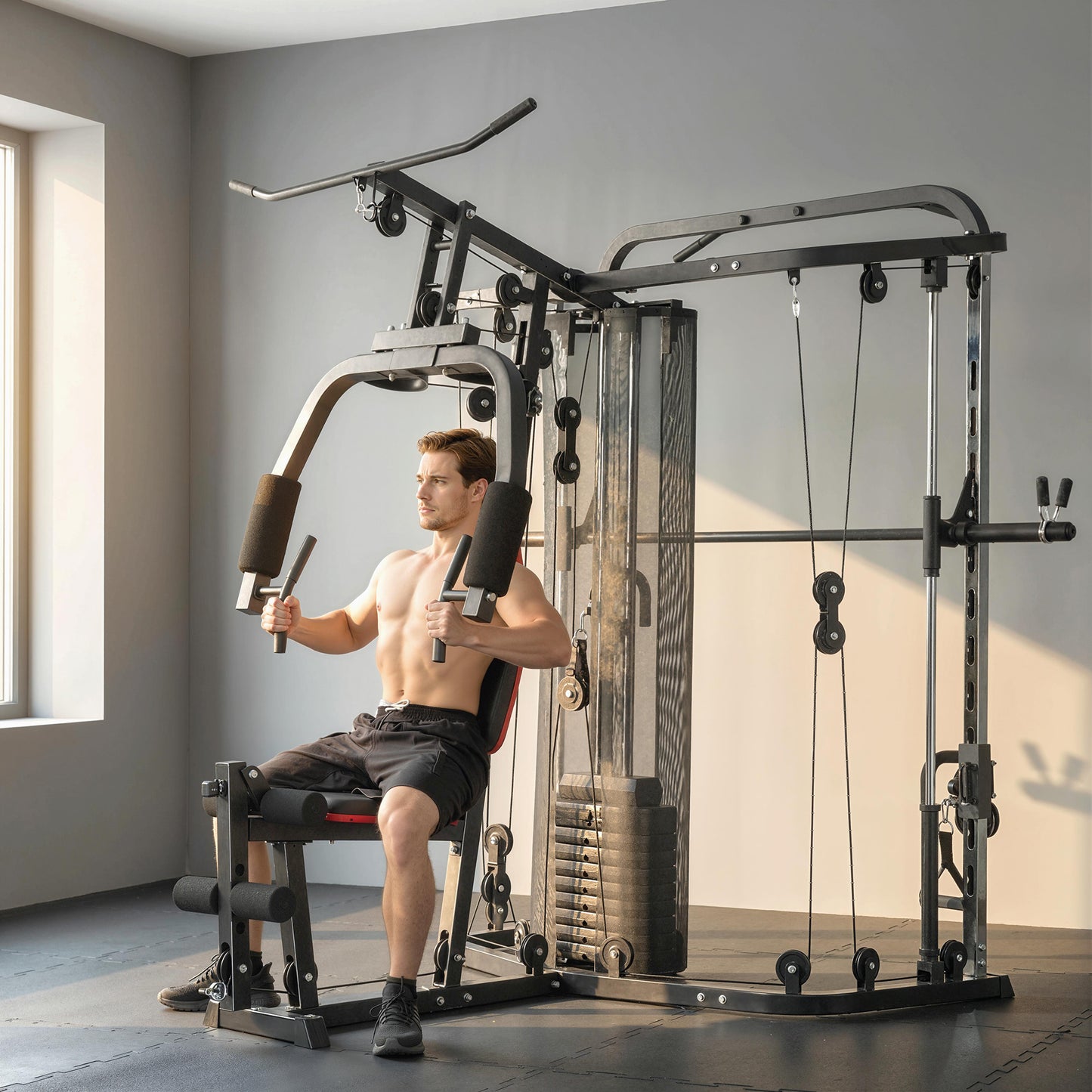 Home Multi Gym Smith Machine with 65kg Weight Stack, Cable Pulley System, Chest Station, Preacher Pad & Leg Developer