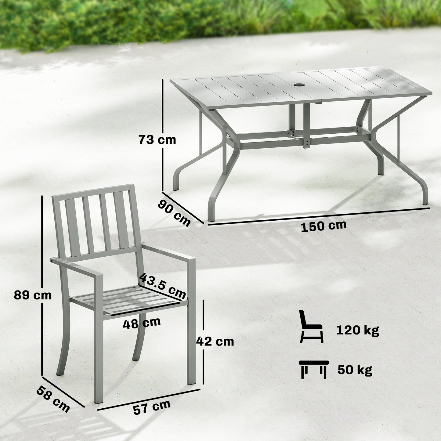 7 Pieces Garden Table and Chairs, 6 Seater Outdoor Table and Chairs with Umbrella Hole, for Garden, Light Grey
