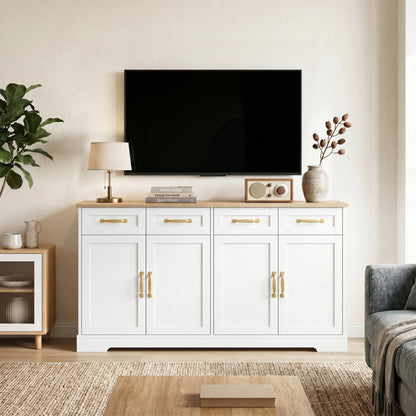 Sideboard Buffet Cabinet, 140 cm Kitchen Storage Cabinet with 4 Drawers, 4 Doors and 2 Adjustable Shelves, White