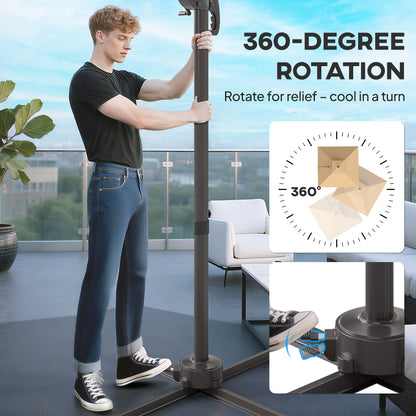 2.5m Cantilever Parasol with Solar Powered LED Lights, 360° Rotation, Tilt Adjustment, Crank Handle, Khaki