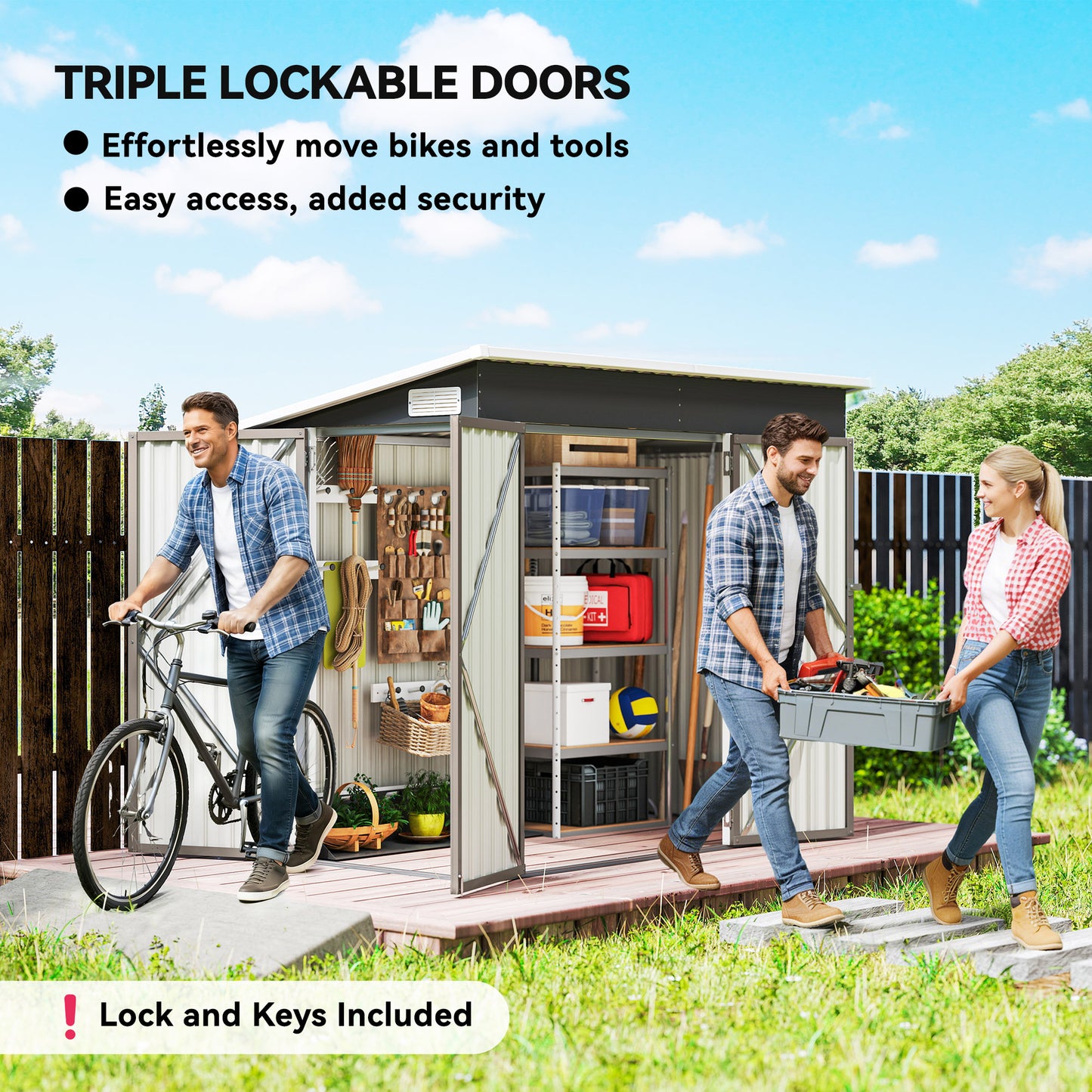7.5 x 4.3ft Metal Garden Storage Shed, Waterproof Outdoor Shed with Triple Lockable Door, Gloves, Vents, Light Grey