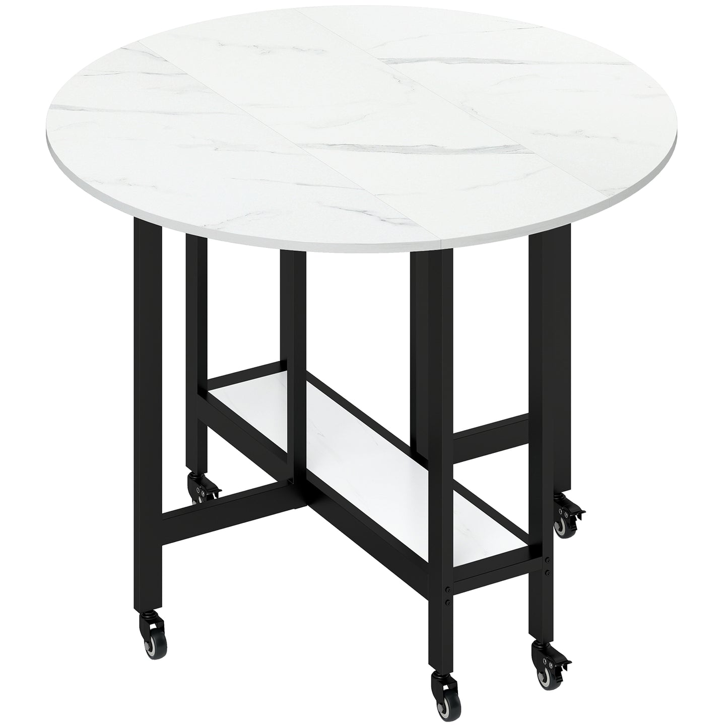 Folding Dining Table, Drop Leaf Table with Open Shelf, Rolling Kitchen Table for Dining Room, Small Spaces, White Marble